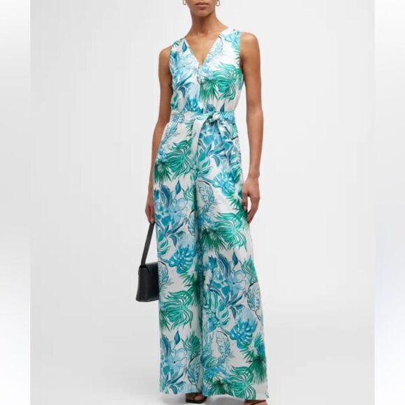 Max Mara Kabala Floral Silk Jumpsuit White Green Turquoise Size S - Picture 3 of 14